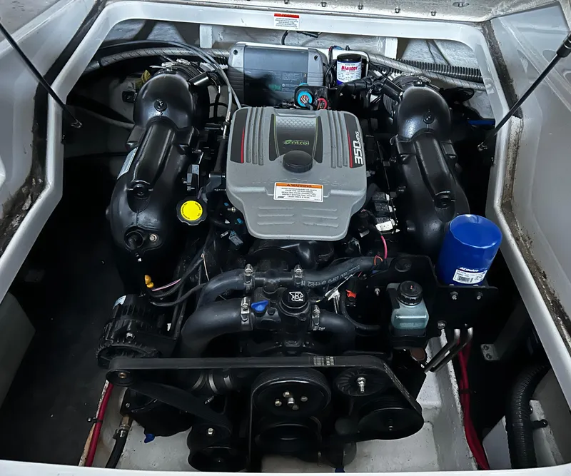 Slide: The Image of 2012 Crownline Eclipse E4 boat engine compartment with MerCruiser 350 MAG MPI engine. - 11