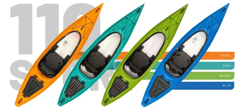 Slide: The Image of Hurricane Kayaks Prima 110 Sport 2023 in orange, aqua, wasabi, and blue colors. - 7