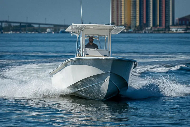 Slide: The Image of 2020 Birdsall 30 CC boat cruising on water with cityscape in background. - 39