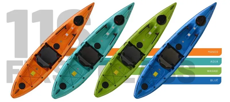 Slide: The Image of 2023 Hurricane Kayaks Skimmer 116 First Class in Mango, Aqua, Wasabi, and Blue colors. - 3