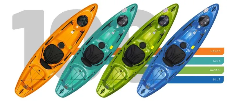 Slide: The Image of 2023 Hurricane Kayaks Skimmer 106 in Mango, Aqua, Wasabi, and Blue colors. - 1