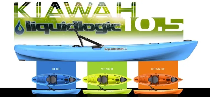 Slide: The Image of 2023 Liquidlogic Kiawah 10.5 kayak in blue, venom, and orange colors. - 6
