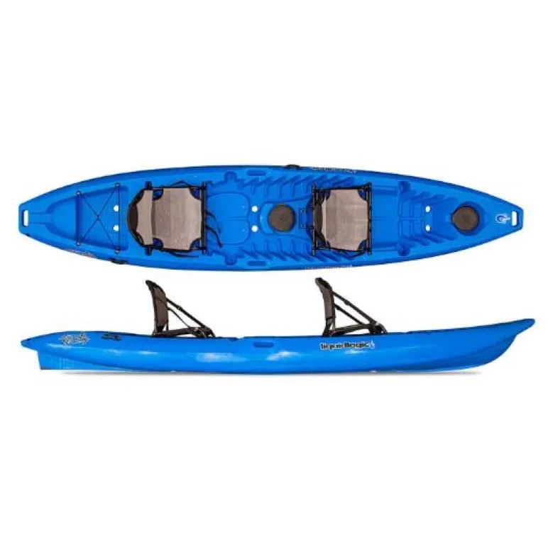 Slide: The Image of 2023 Liquidlogic Stingray 13.5 blue tandem kayak, top and side view. - 10