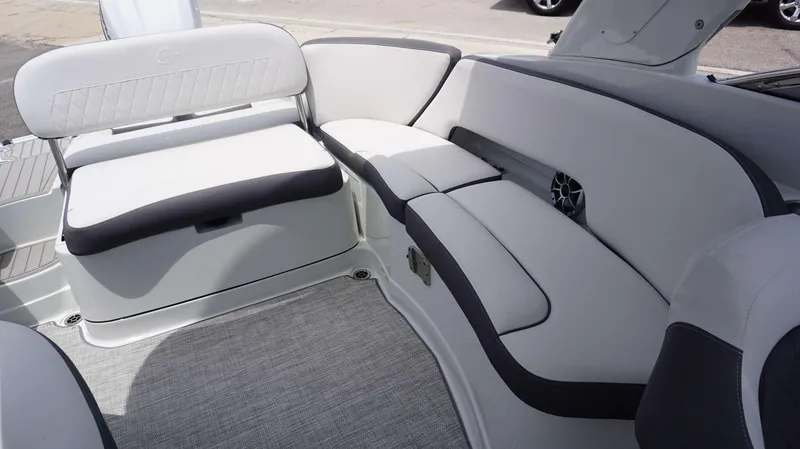 Slide: The Image of 2024 Crownline 290 XSS boat interior with sleek, modern seating design. - 18