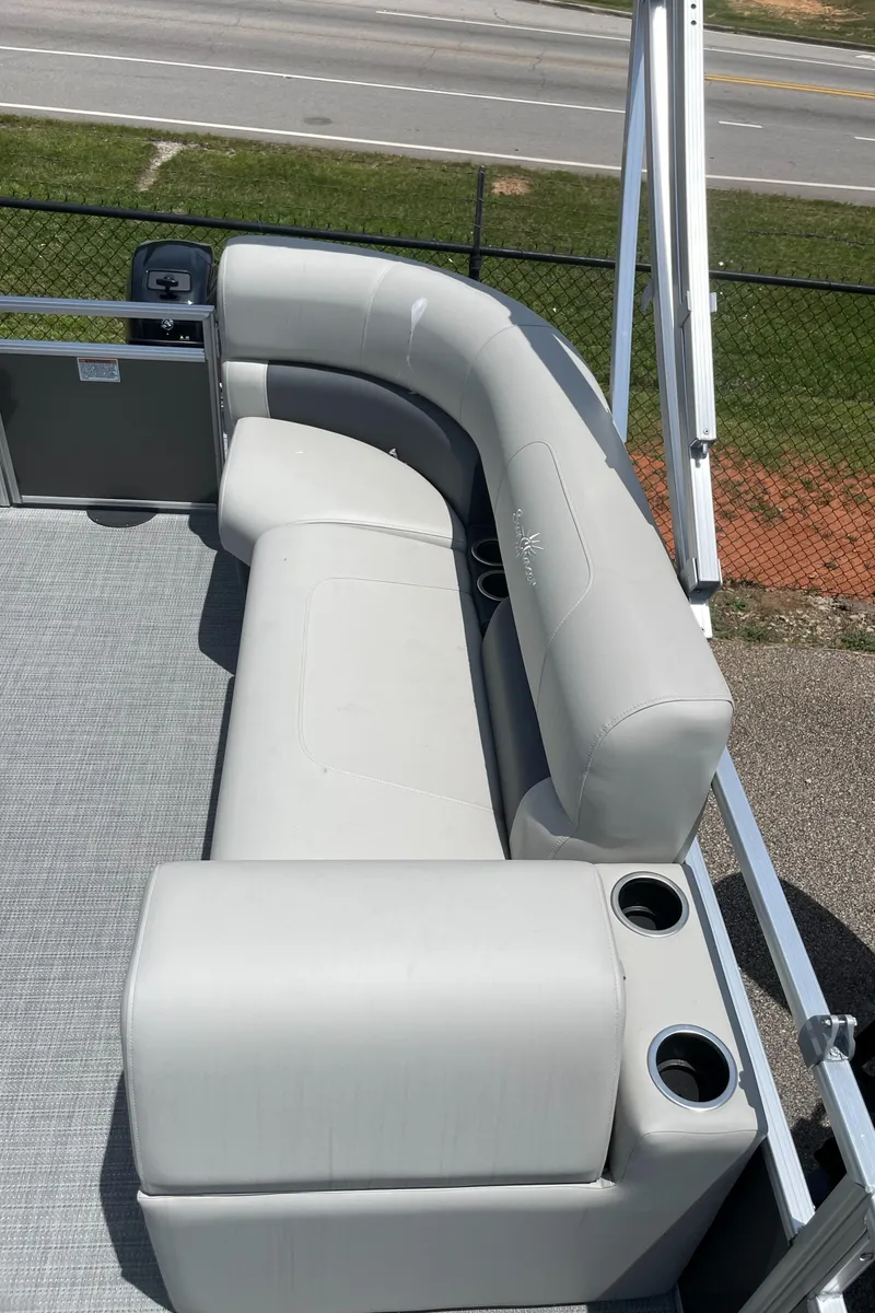 Slide: The Image of 2023 SunChaser Vista 16 Fish pontoon boat with comfortable seating and cup holders. - 5