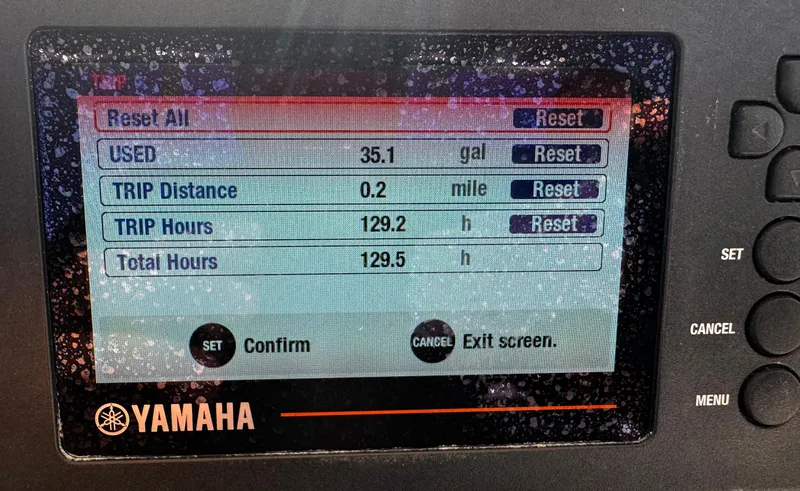 Slide: The Image of Digital display showing Yamaha boat trip data: 35.1 gallons used, 0.2 miles traveled, 129.5 total hours. - 24