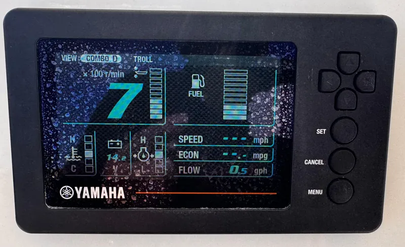 Slide: The Image of Yamaha digital display on a 2020 Cobia 220 boat showing speed and fuel data. - 5