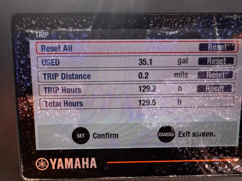 Slide: The Image of Yamaha display showing trip data: 35.1 gallons used, 0.2 miles distance, 129.5 total hours. - 6
