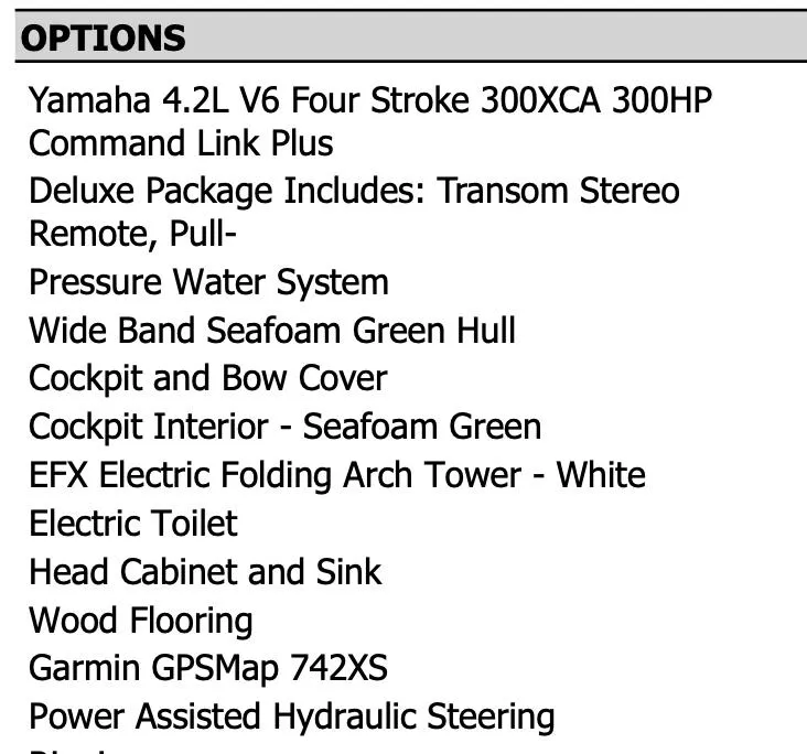 Slide: The Image of Options list for 2020 Chaparral Suncoast 250: Yamaha 4.2L V6, Command Link Plus, Deluxe Package - 10