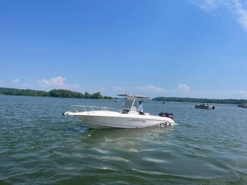 Slide: The Image of 1999 Donzi 30 ZF boat on a lake under a clear blue sky. - 12