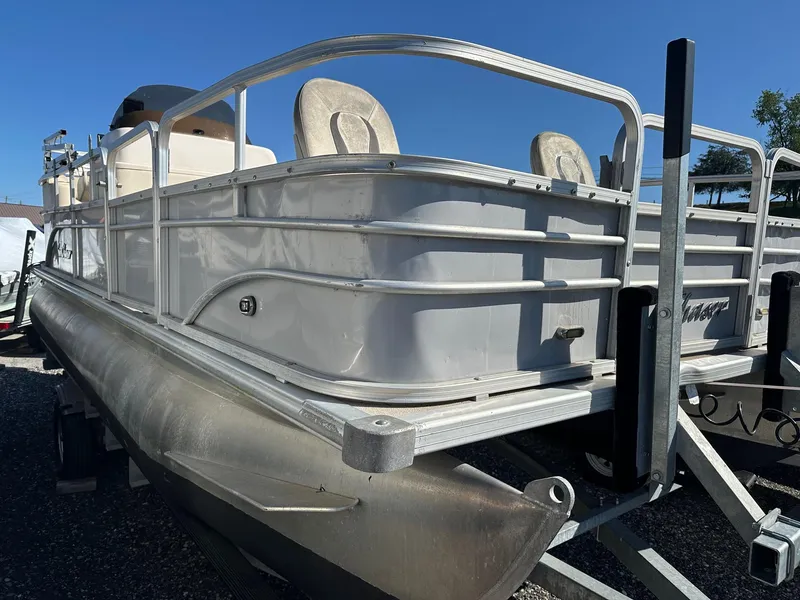 Slide: The Image of 2017 Sun Boatwork Oasis 818 pontoon with Yamaha 50Hp on trailer, side view. - 7