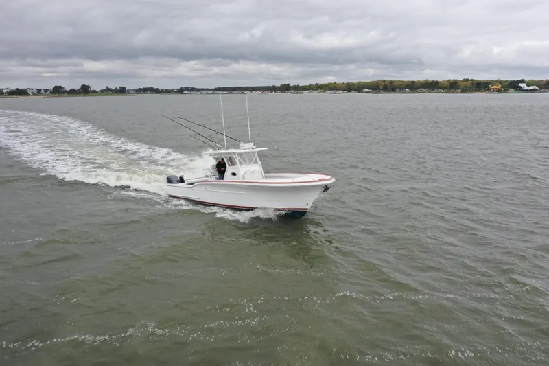 Slide: The Image of 2018 Buddy Davis 34 boat cruising on a cloudy day. - 8