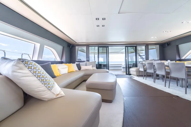 Slide: The Image of Luxurious interior of 2020 Lagoon SEVENTY 7 yacht with modern seating and dining area. - 41