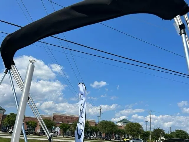 Slide: The Image of 2024 Bayliner Element M17 boat with bimini top against a blue sky background. - 12