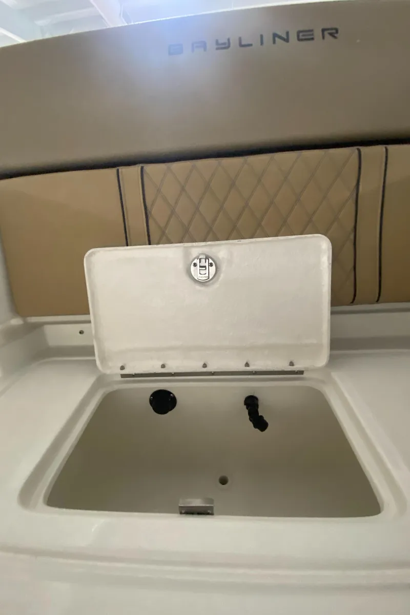 Slide: The Image of 2024 Bayliner DX2000 boat storage compartment with open lid. - 12