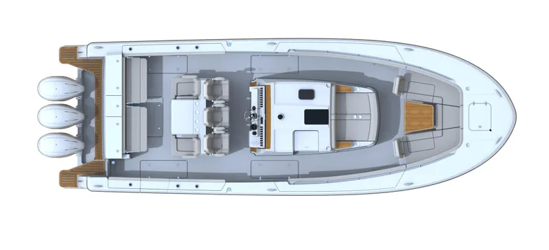 Slide: The Image of Top view of 2024 Southport 38 FE boat layout with triple engines. - 3