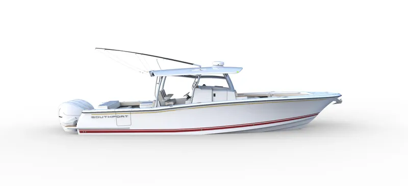 Slide: The Image of 2024 Southport 38 FE boat, side view, white hull with red stripe. - 5