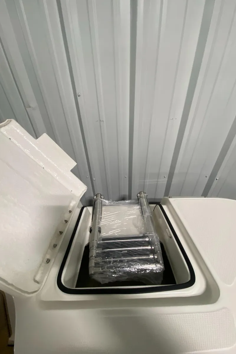 Slide: The Image of 2024 Bayliner DX2000 boat with a folded ladder in storage compartment. - 23