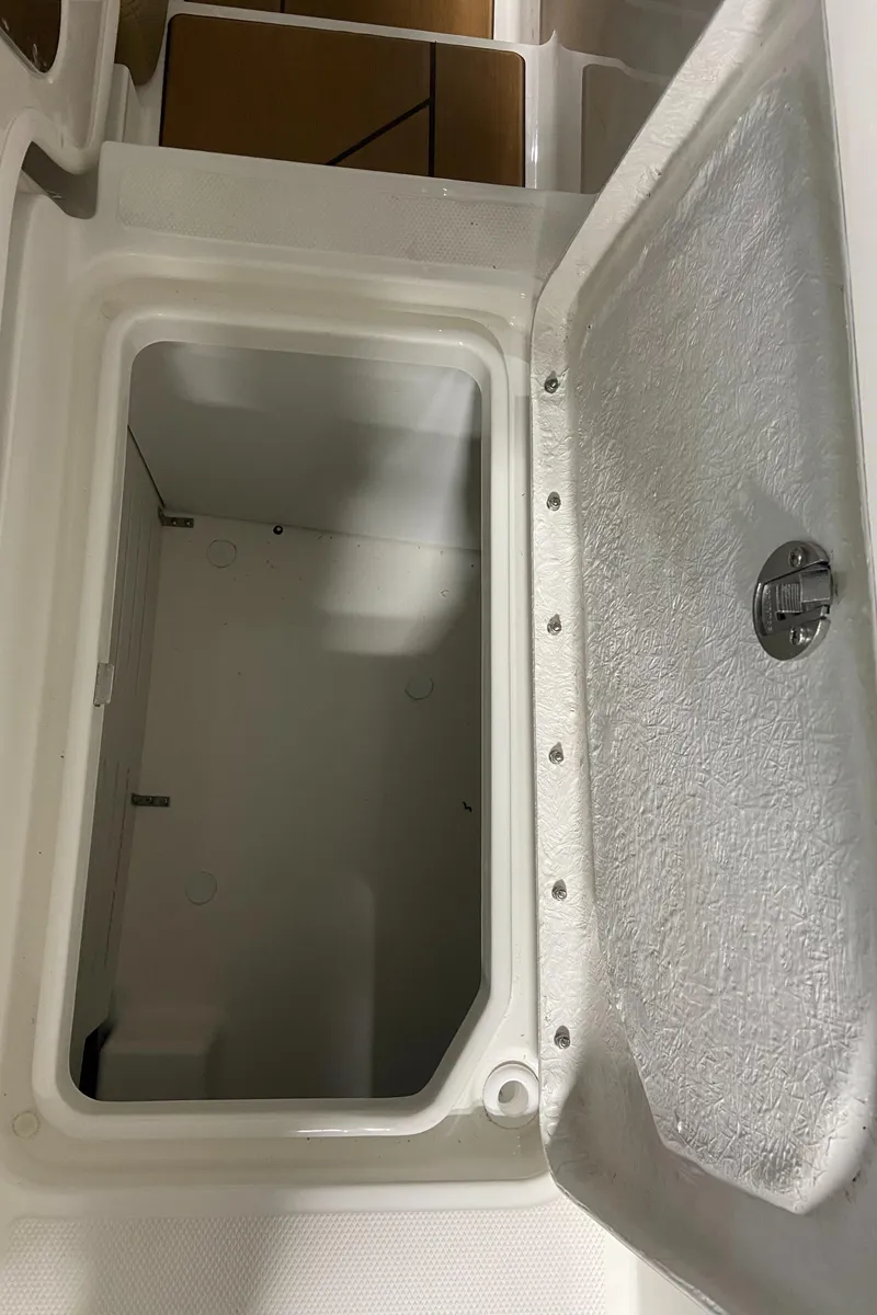 Slide: The Image of 2024 Bayliner DX2000 storage compartment with open lid. - 5