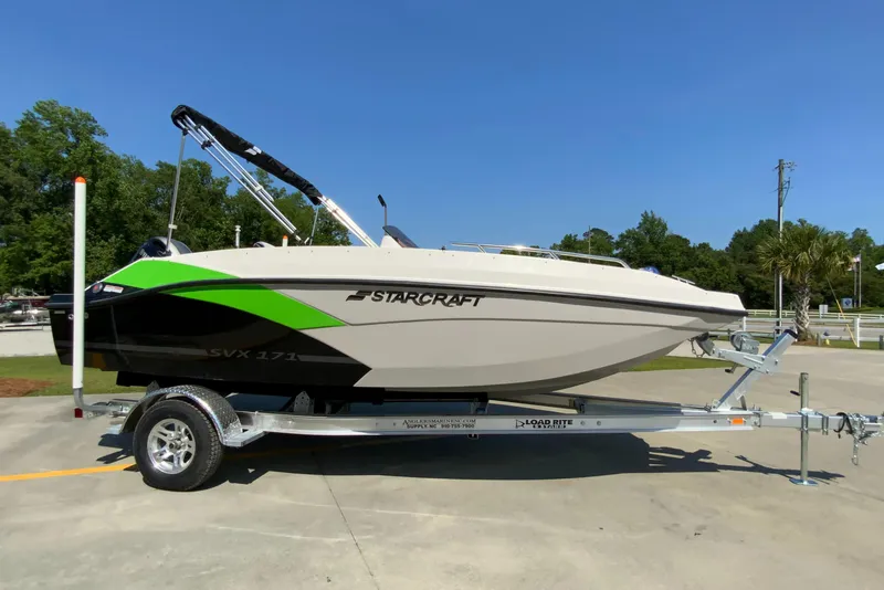 Slide: The Image of 2024 Starcraft SVX 171 boat on a trailer, side view. - 1