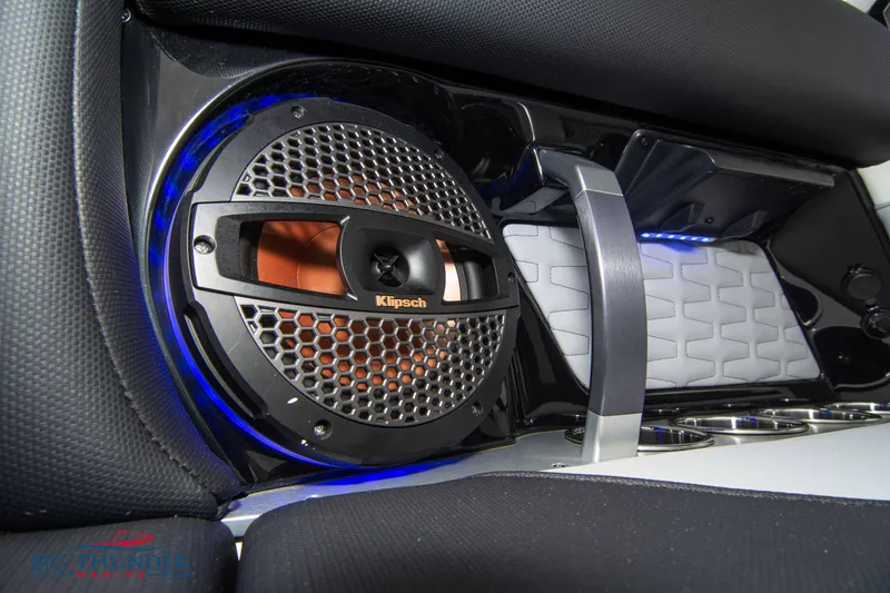 Slide: The Image of 2023 MasterCraft X24 boat interior with Klipsch speaker and LED lighting. - 26