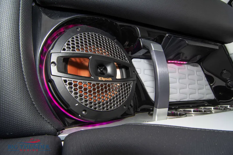 Slide: The Image of 2023 MasterCraft X24 boat interior with Klipsch speaker and ambient lighting. - 31