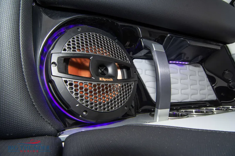 Slide: The Image of 2023 MasterCraft X24 boat interior with Klipsch speaker and LED lighting. - 32