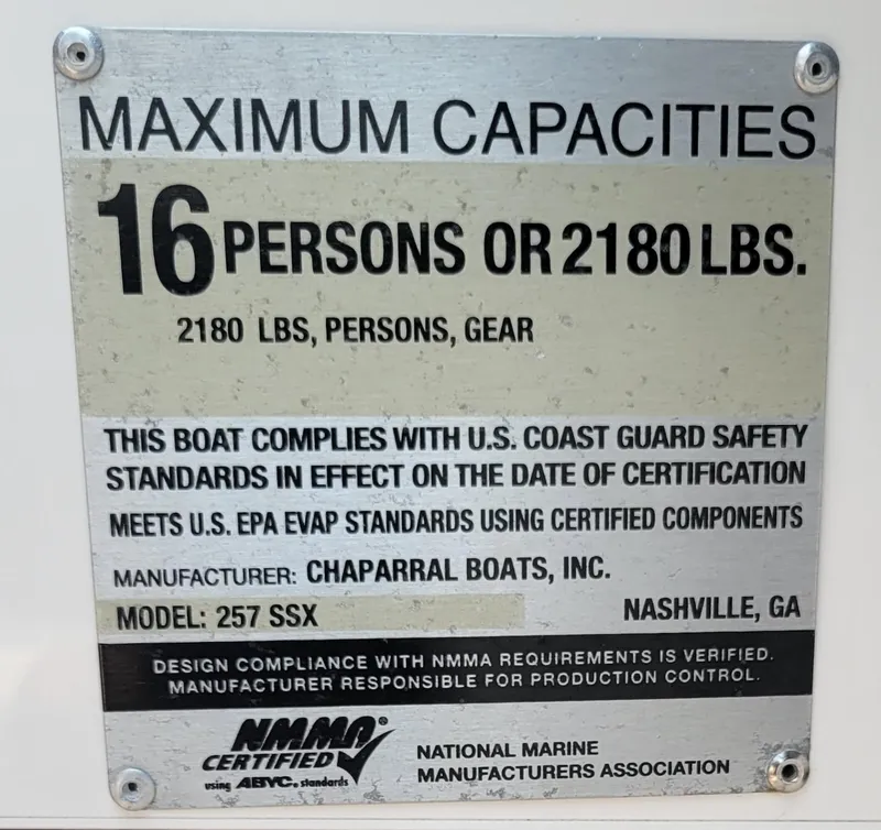 Slide: The Image of 2018 Chaparral 257 SSX boat capacity plate, 16 persons or 2180 lbs, NMMA certified. - 25