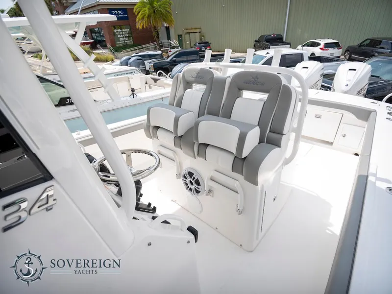 Slide: The Image of 2023 Regulator 34 boat interior with Sovereign Yachts branding - 29
