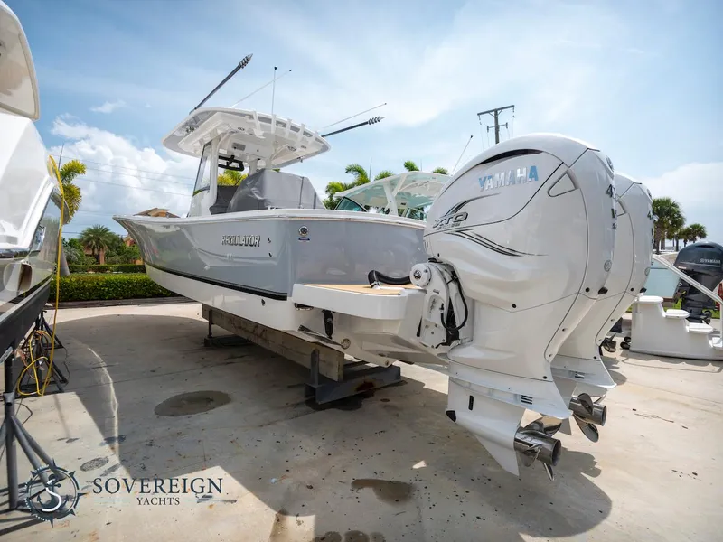 Slide: The Image of 2023 Regulator 34 boat with twin Yamaha engines at Sovereign Yachts. - 4
