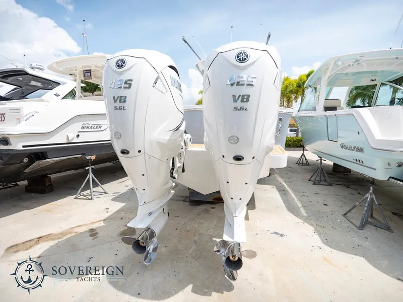 Slide: The Image of 2023 Regulator 34 boat with twin Yamaha V8 425 engines at Sovereign Yachts. - 5