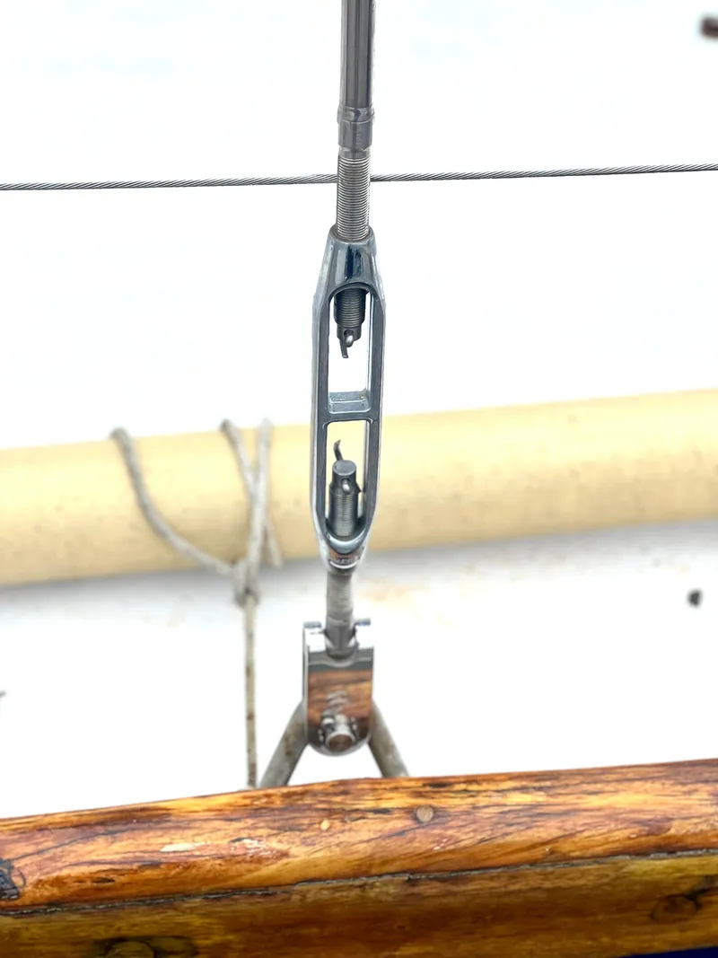 Slide: The Image of Close-up of rigging on a 1977 Van De Stadt Rebel 42 sailboat. - 23