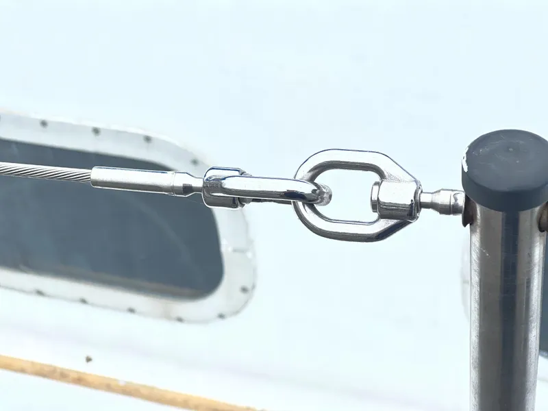 Slide: The Image of Close-up of rigging hardware on a 1977 Van De Stadt Rebel 42 sailboat. - 24