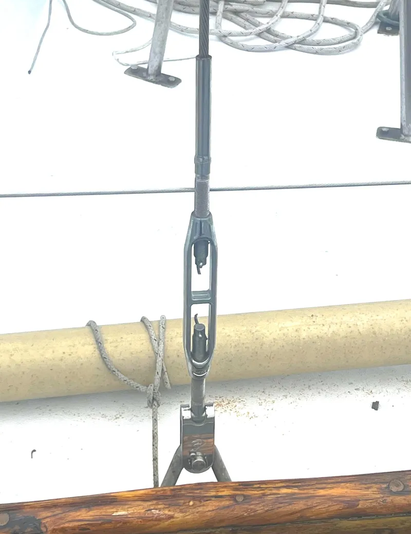 Slide: The Image of Rigging detail on a 1977 Van De Stadt Rebel 42 sailboat deck. - 26