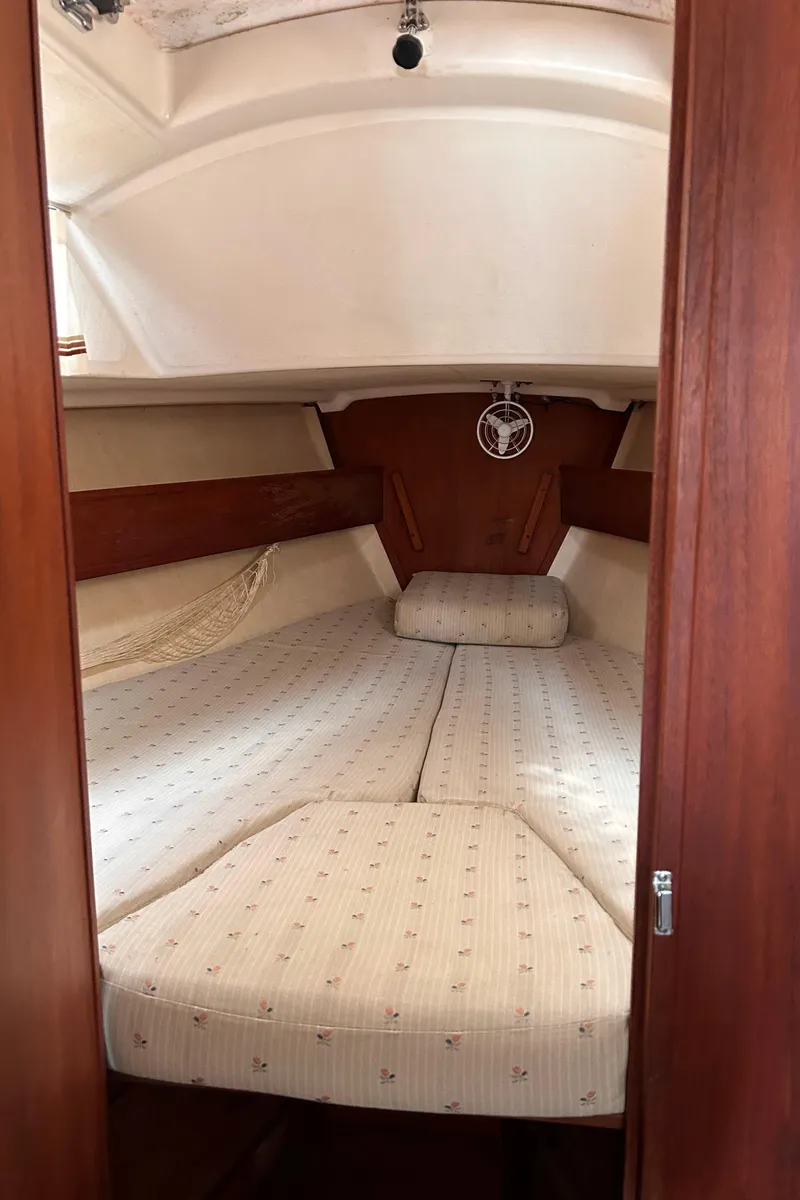 Slide: The Image of 1979 Sabre 28-2 sailboat interior cabin with cozy V-berth and wooden accents. - 36
