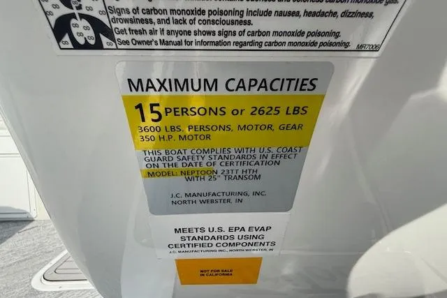 Slide: The Image of Capacity label on 2023 JC Neptoon 23 TT Sport boat, max 15 persons or 2625 lbs. - 14
