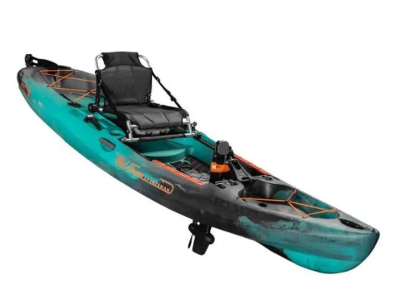Slide: The Image of 2023 Old Town Sportsman Salty PDL 120 kayak, teal and black, with adjustable seat and pedal drive. - 10