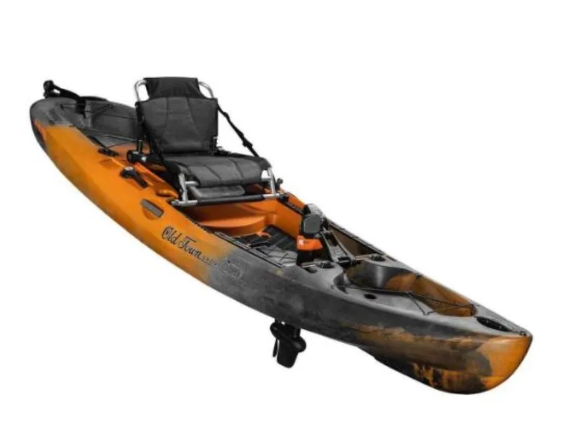 Slide: The Image of 2023 Old Town Sportsman Salty PDL 120 kayak, orange and black, with adjustable seat. - 7