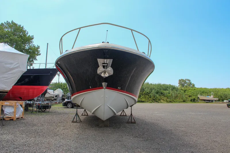 Slide: The Image of 2017 Chris-Craft Launch 36 boat on dry dock, front view. - 11