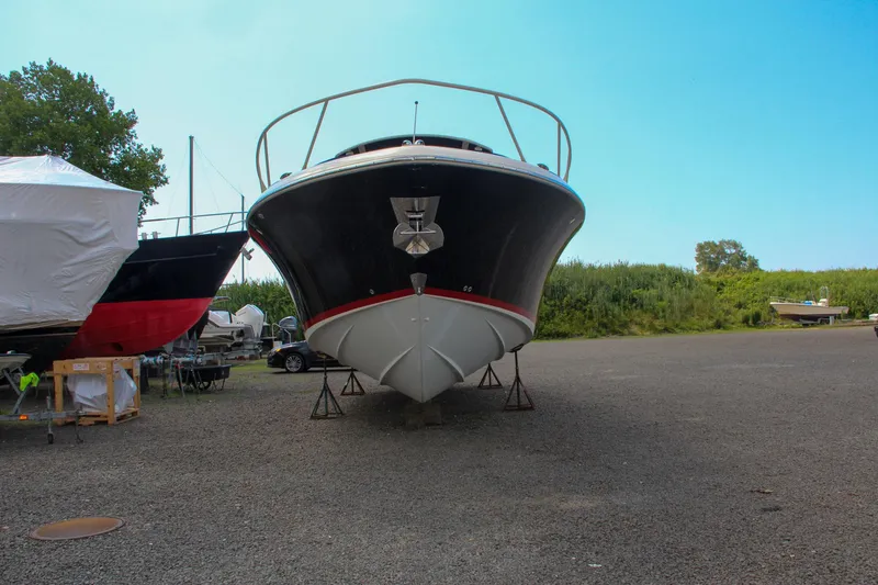 Slide: The Image of 2017 Chris-Craft Launch 36 boat on dry dock, front view. - 13