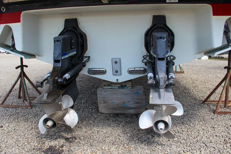 Slide: The Image of 2017 Chris-Craft Launch 36 boat stern with dual propellers on stands. - 5