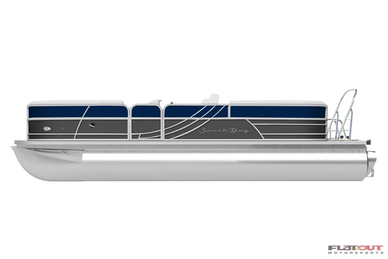 Slide: The Image of 2023 South Bay 224RSLE275 pontoon boat, side view, blue and gray design. - 2
