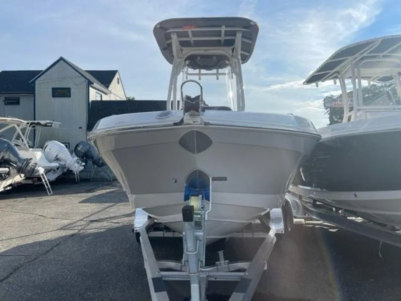 Slide: The Image of 2024 Finseeker 210 FS boat on a trailer, front view. - 3