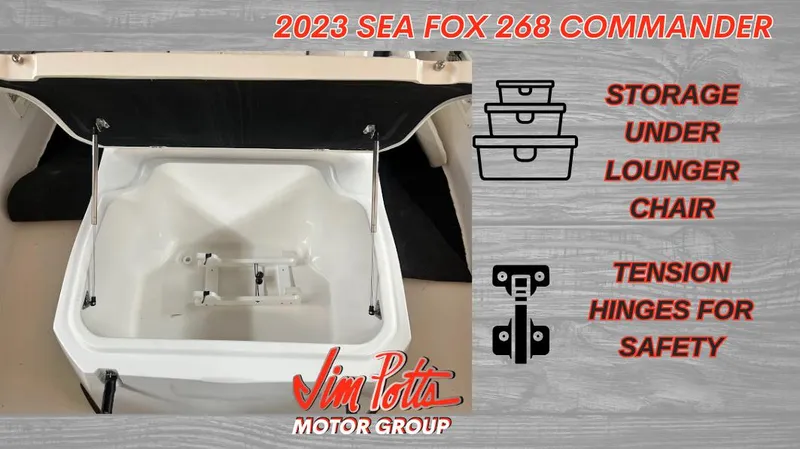 Slide: The Image of 2023 Sea Fox 268 Commander storage under lounger chair with tension hinges for safety. - 10