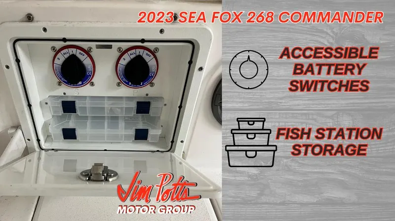 Slide: The Image of 2023 Sea Fox 268 Commander battery switches and fish station storage by Jim Potts Motor Group. - 14