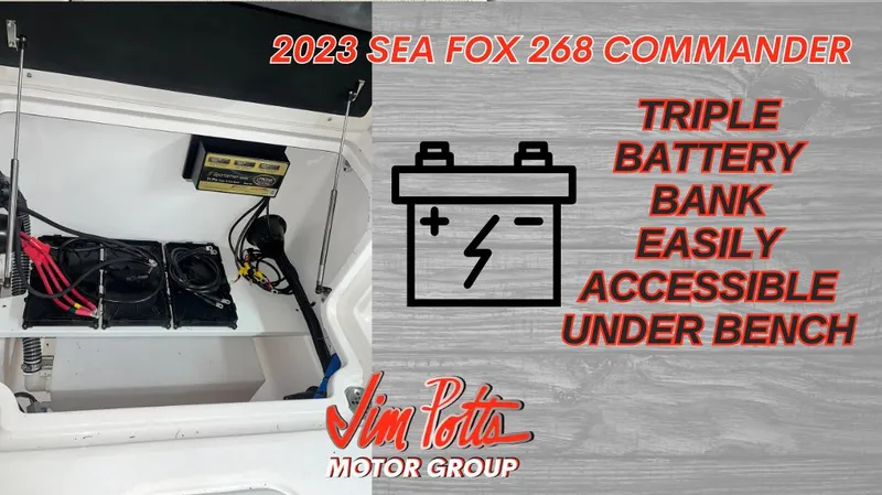 Slide: The Image of 2023 Sea Fox 268 Commander with triple battery bank under bench, Jim Potts Motor Group. - 15