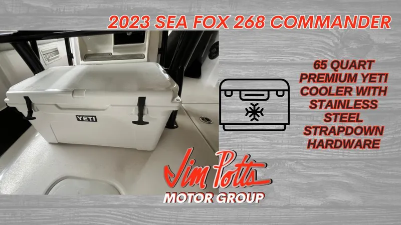 Slide: The Image of 2023 Sea Fox 268 Commander with 65-quart Yeti cooler and stainless steel strapdown hardware. - 16