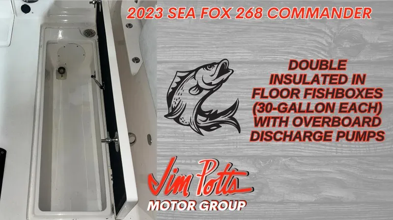 Slide: The Image of 2023 Sea Fox 268 Commander with double insulated in-floor fishboxes, 30-gallon each, and overboard discharge pumps. - 17