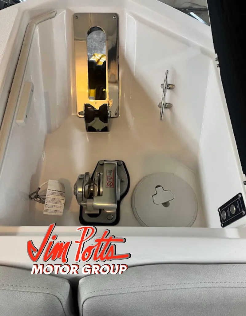 Slide: The Image of 2023 Sea Fox 268 Commander anchor locker with Jim Potts Motor Group branding. - 22