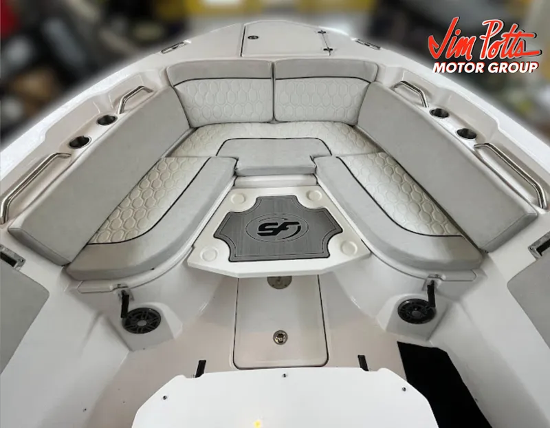 Slide: The Image of 2023 Sea Fox 268 Commander boat interior with cushioned seating and storage compartments. - 26